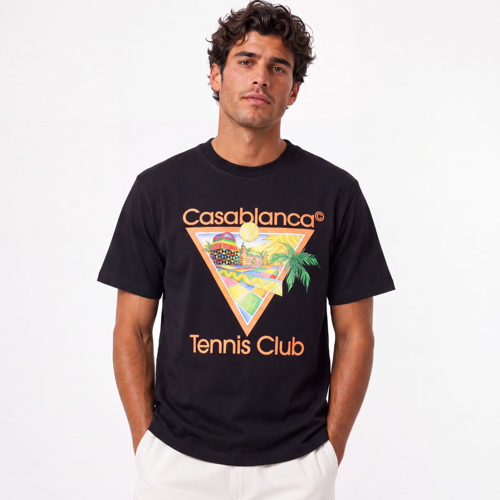 Casablanca "Tennis Club Icon Pastelle" Printed T-Shirt in Black