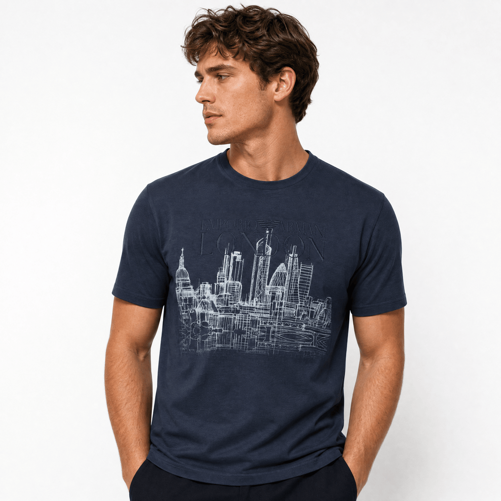 Armani London Skyline Graphic T-Shirt in Graphite Blue