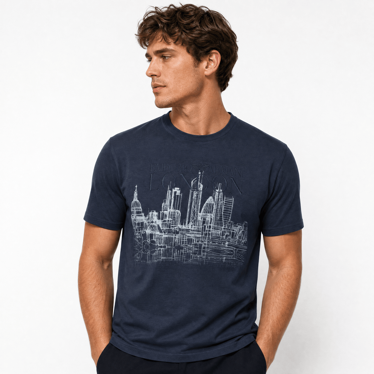 Armani London Skyline Graphic T-Shirt in Graphite Blue