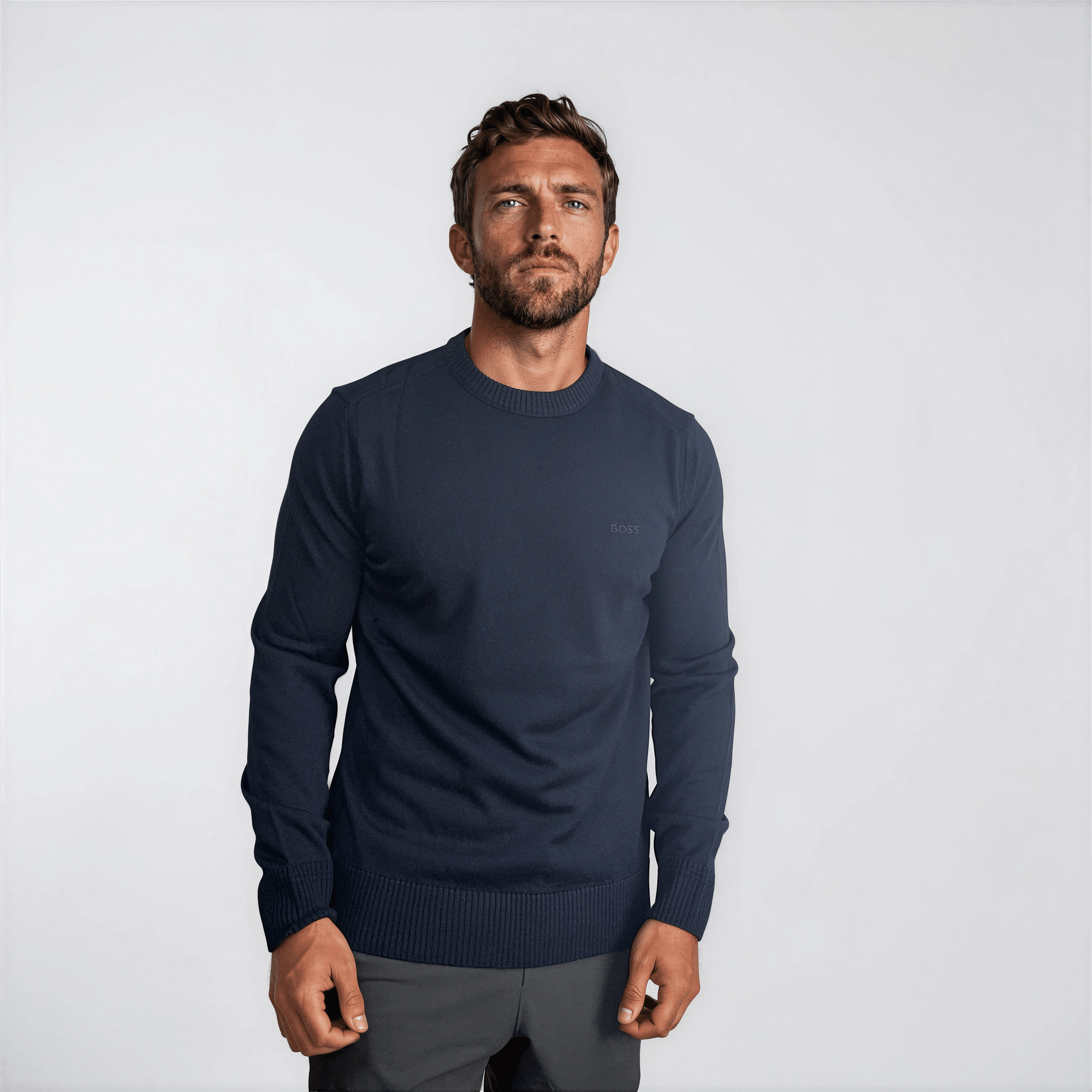Boss Avac Crew Neck Knit Jumper in Navy