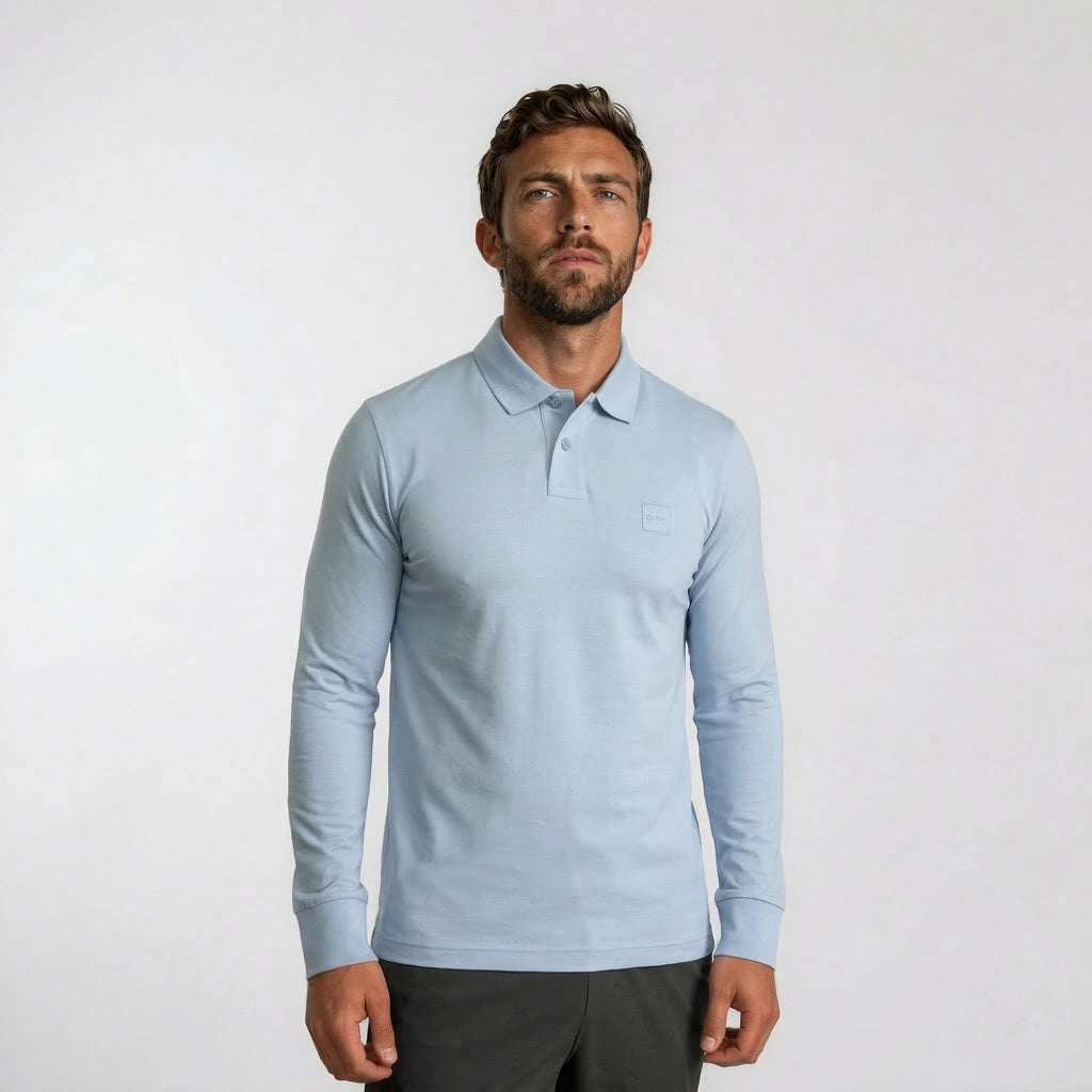 Boss Passerby Long Sleeve Polo Shirt in Open Blue