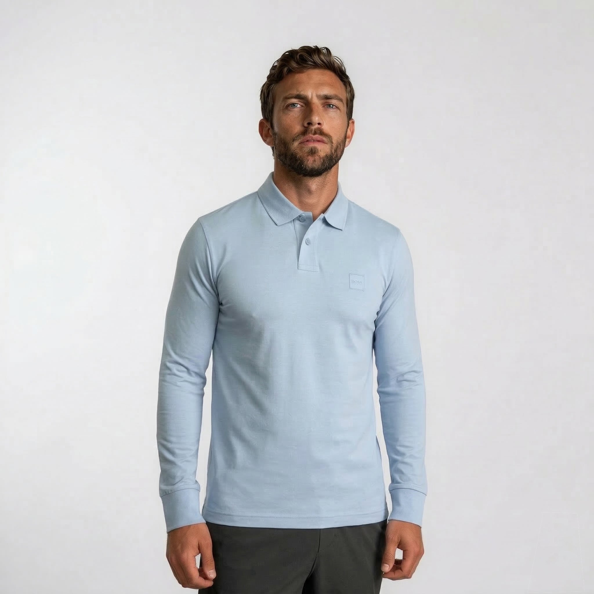 Boss Passerby Long Sleeve Polo Shirt in Open Blue