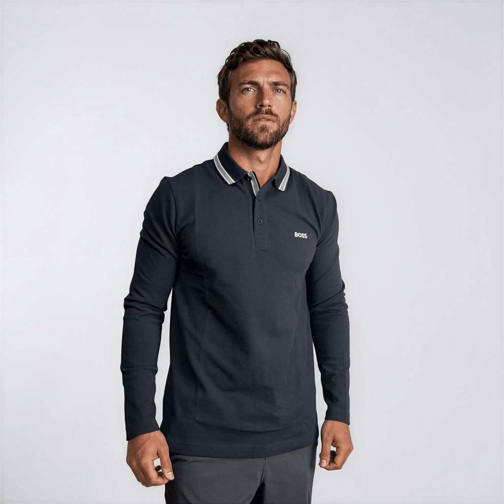 Boss Plisy Long Sleeve Polo Shirt in Dark Blue