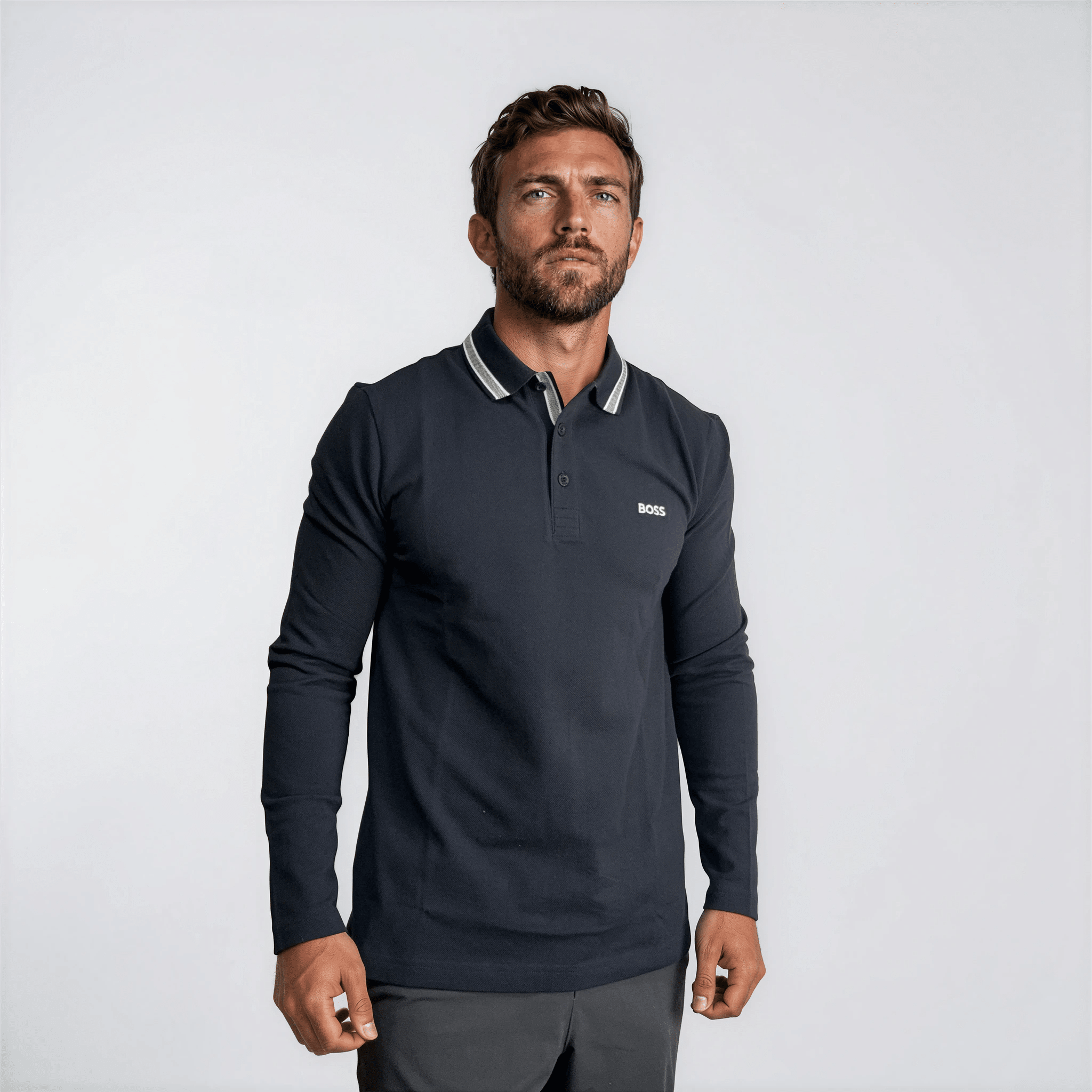Boss Plisy Long Sleeve Polo Shirt in Dark Blue