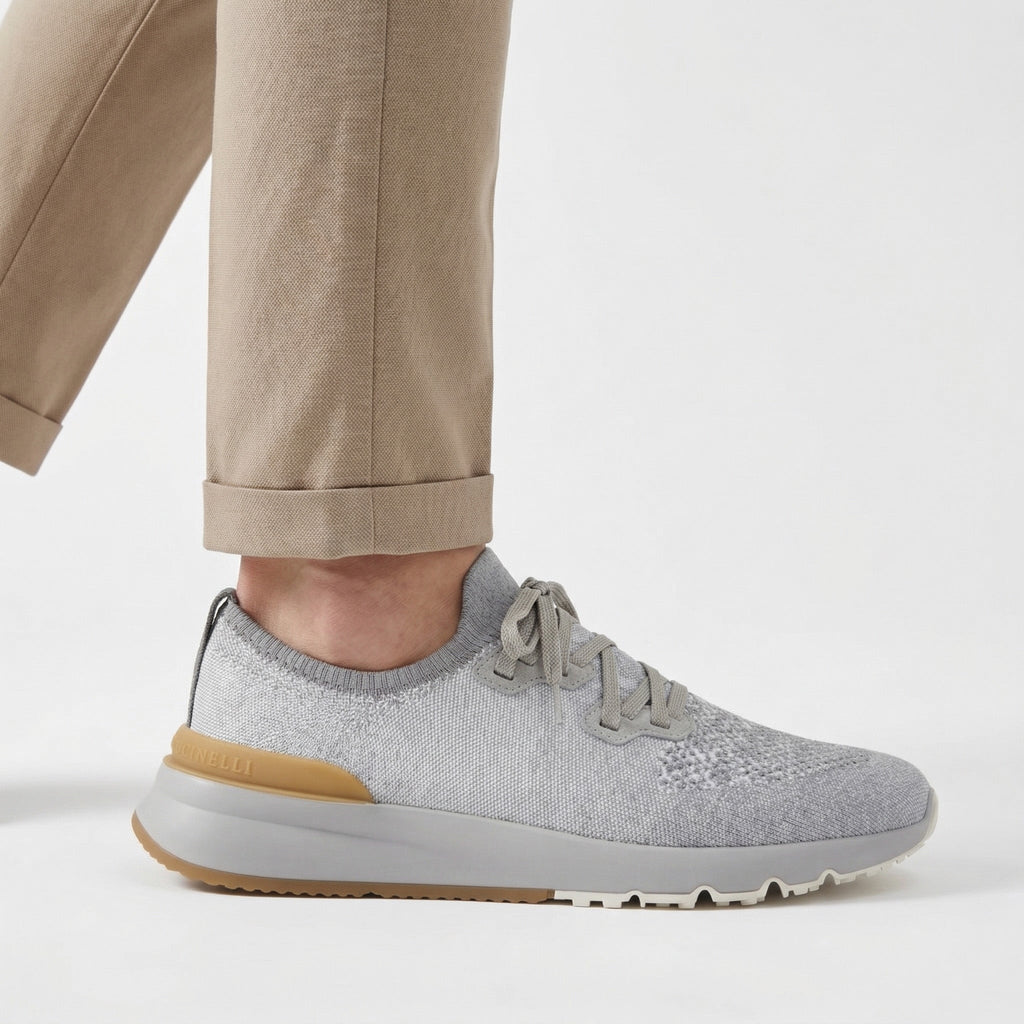 Brunello Cucinelli Cotton-Blend Chiné-Knit Sneakers in Grey