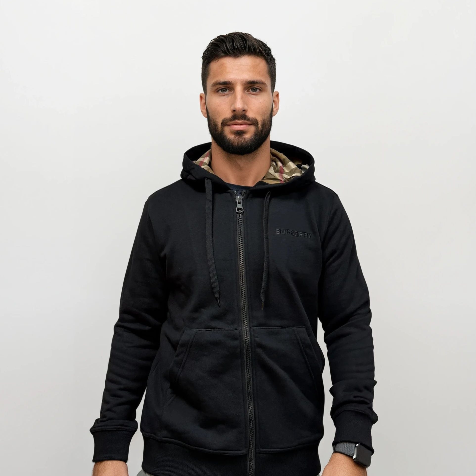 Burberry 'Hove' check Hood Embroidery Logo Hoodie Zip Sweatshirt Black