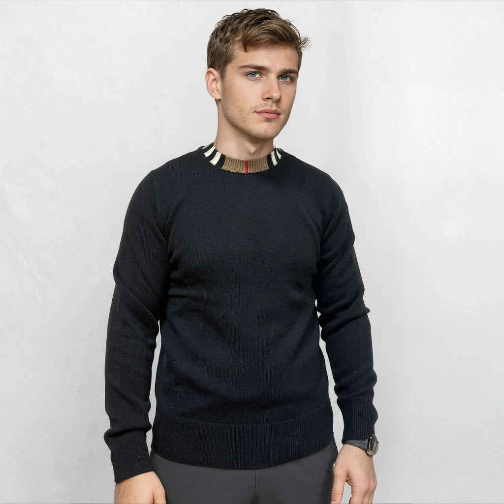 Burberry 'Noland' Knitted Wool/ Cashmere Jumper Check Neck Black