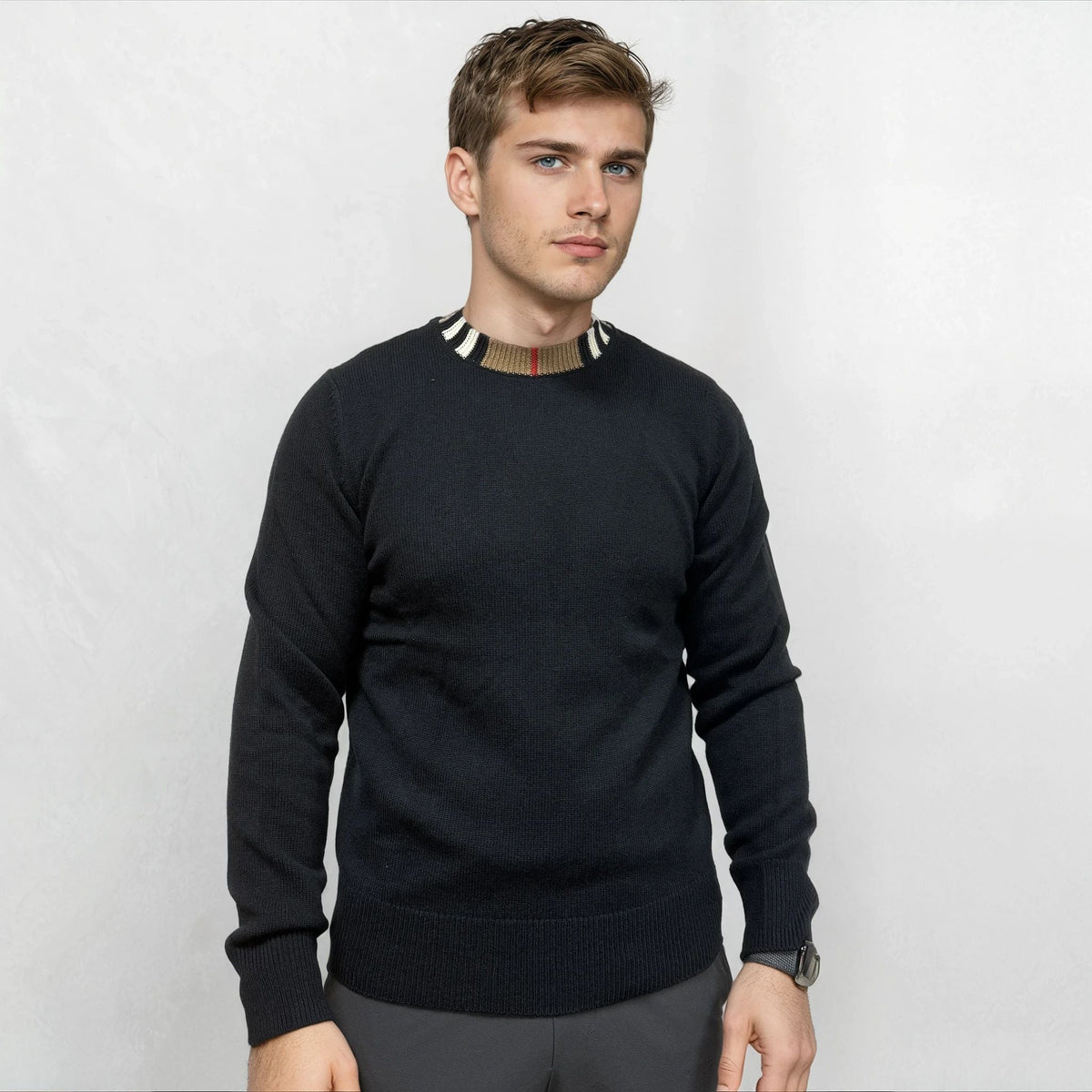 Burberry 'Noland' Knitted Wool/ Cashmere Jumper Check Neck Black