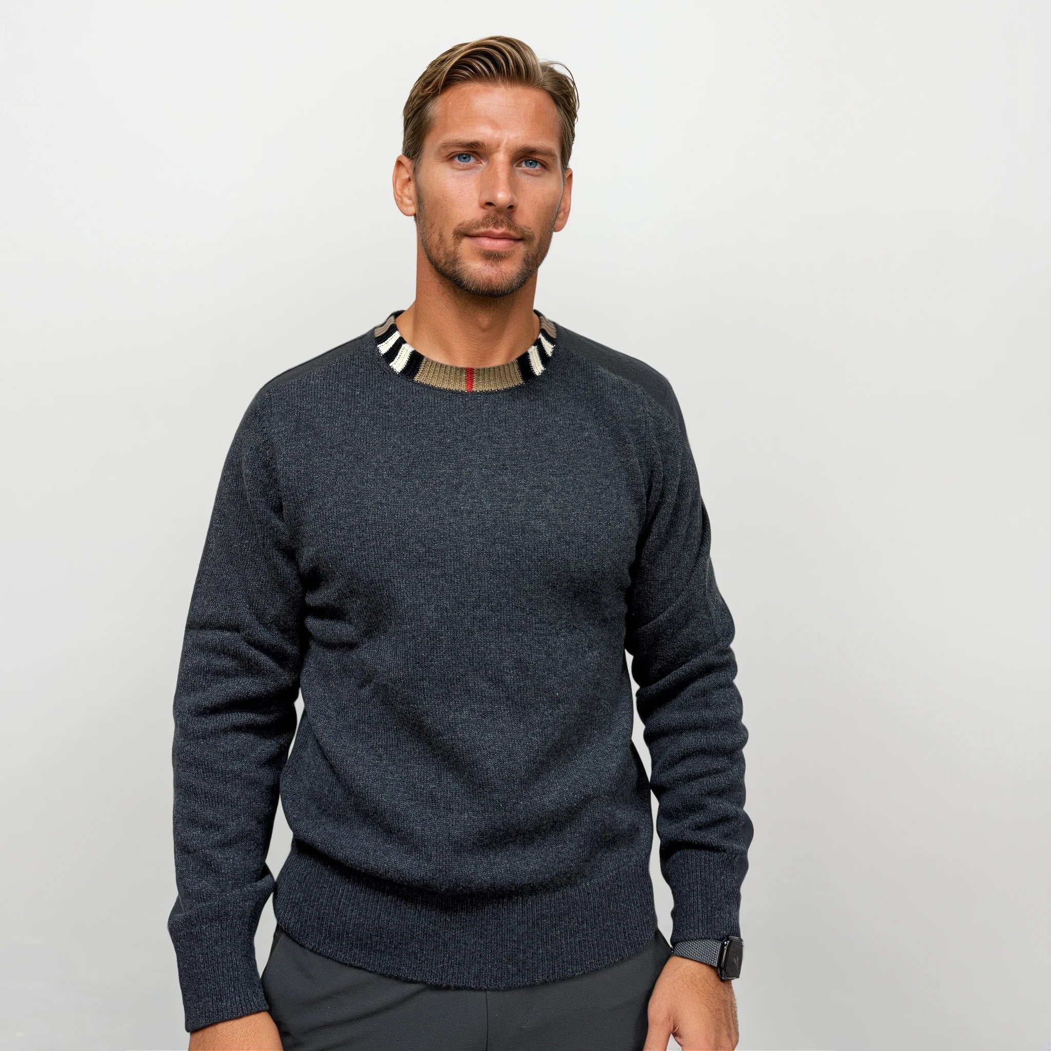 Burberry 'Noland' Knitted Wool/ Cashmere Jumper Check Neck Charcoal Grey