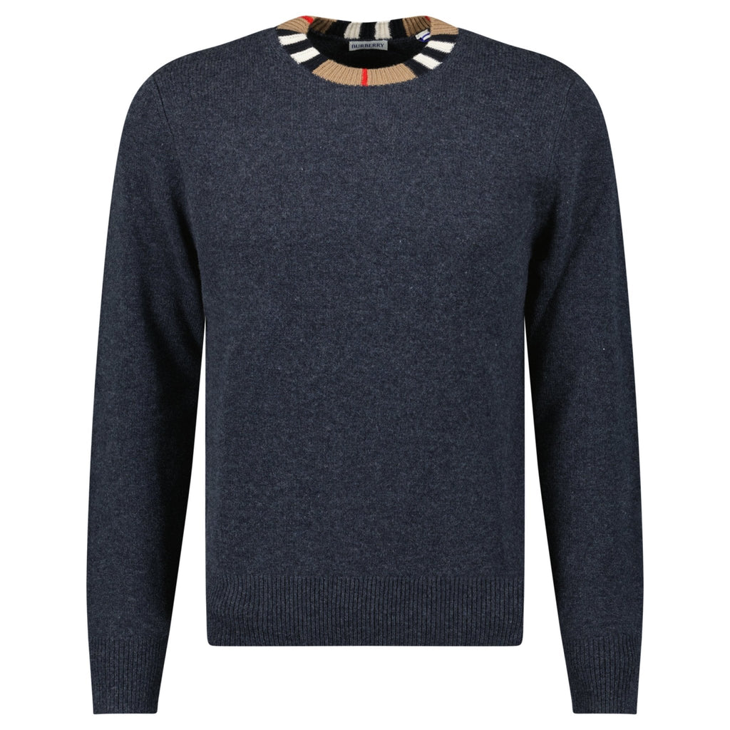 Burberry 'Noland' Knitted Wool/ Cashmere Jumper Check Neck Charcoal Grey