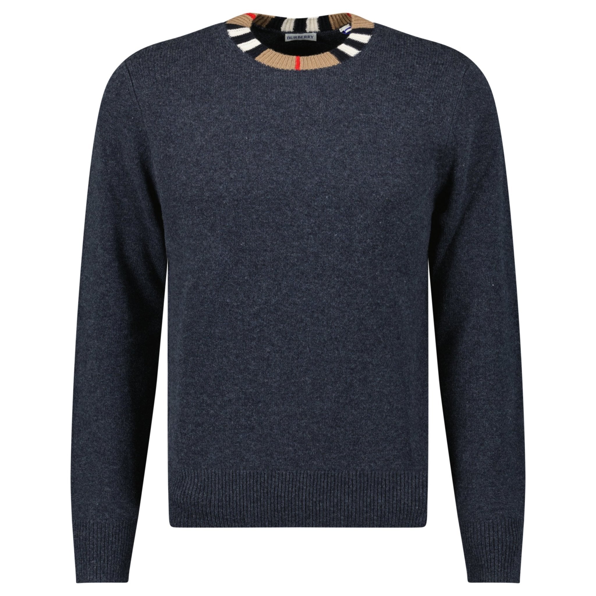 Burberry 'Noland' Knitted Wool/ Cashmere Jumper Check Neck Charcoal Grey