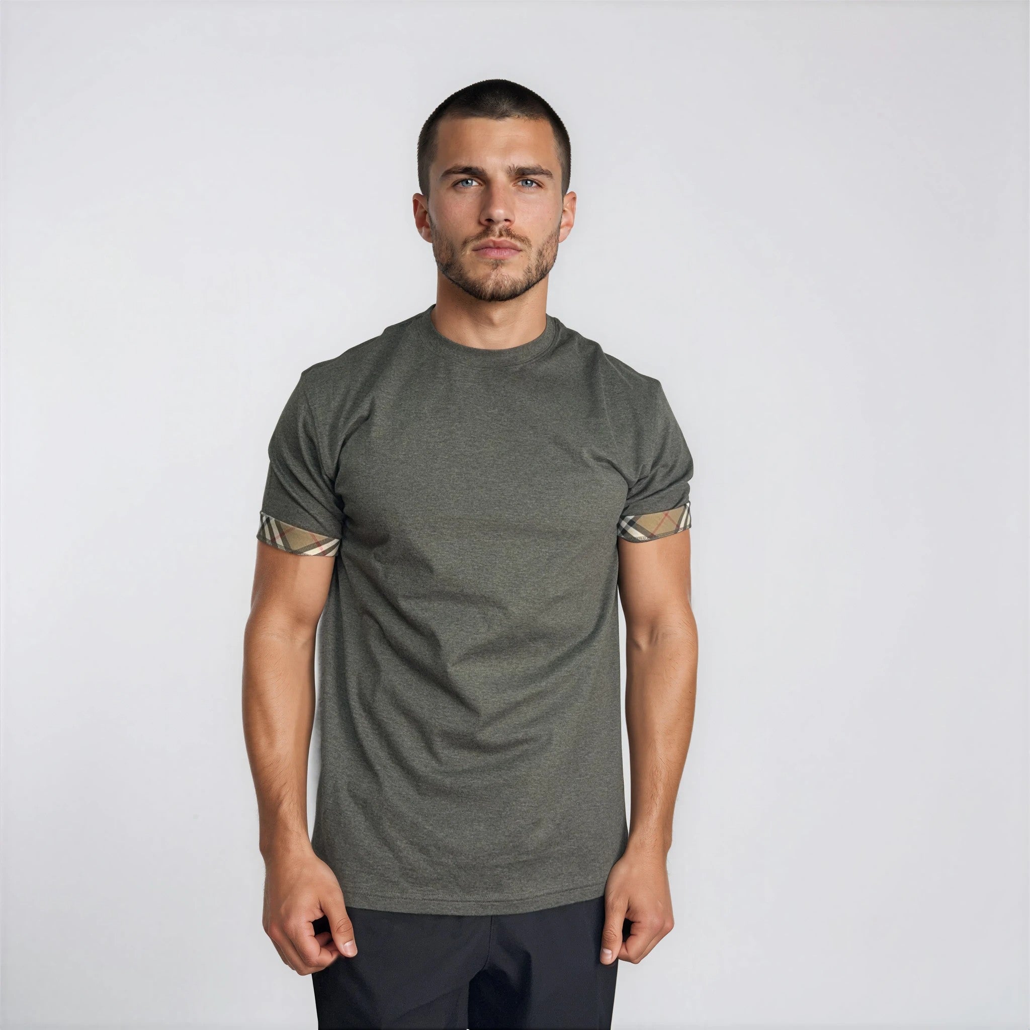 Burberry 'Ellison' Organic Cotton Check Sleeve Dark Green