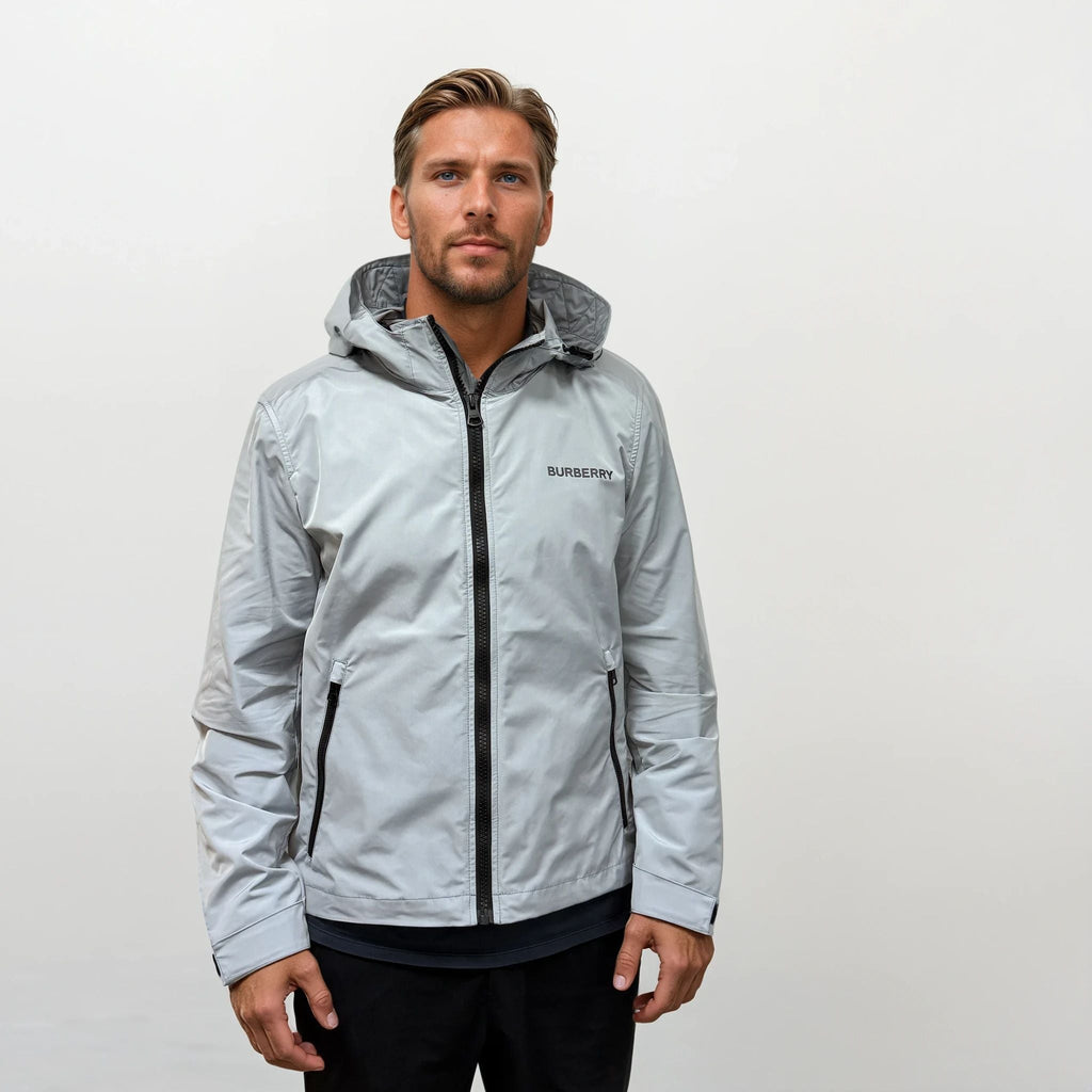 Burberry 'Hargrave' Zip-Up Logo Hooded Rain Jacket Gale Grey