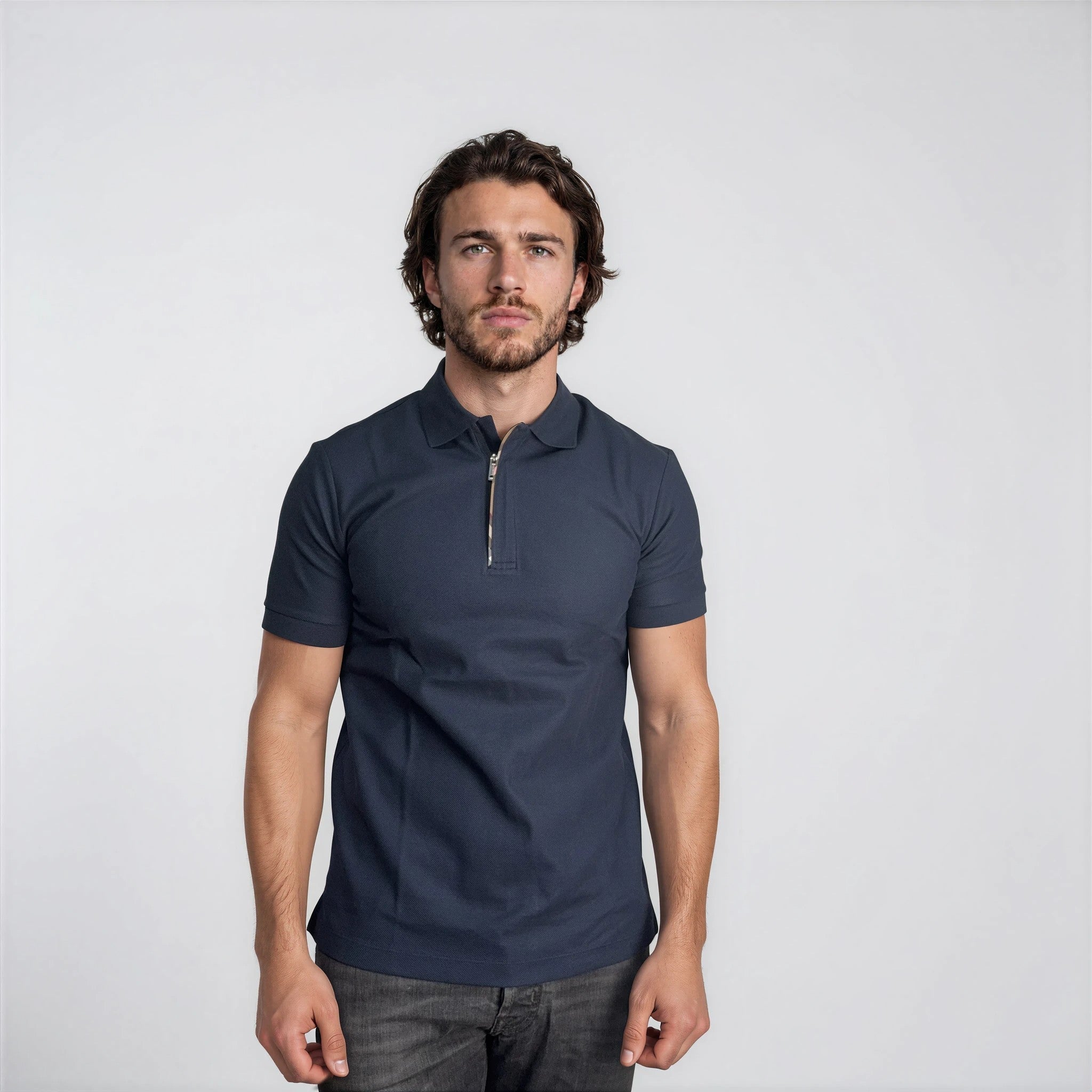 Burberry 'Hartford' Check Placket Zip Polo Navy