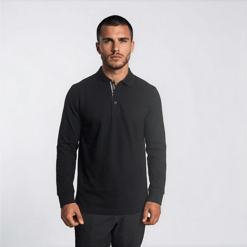 Burberry 'Hartford' Long Sleeved Check Placket Polo-Shirt Black