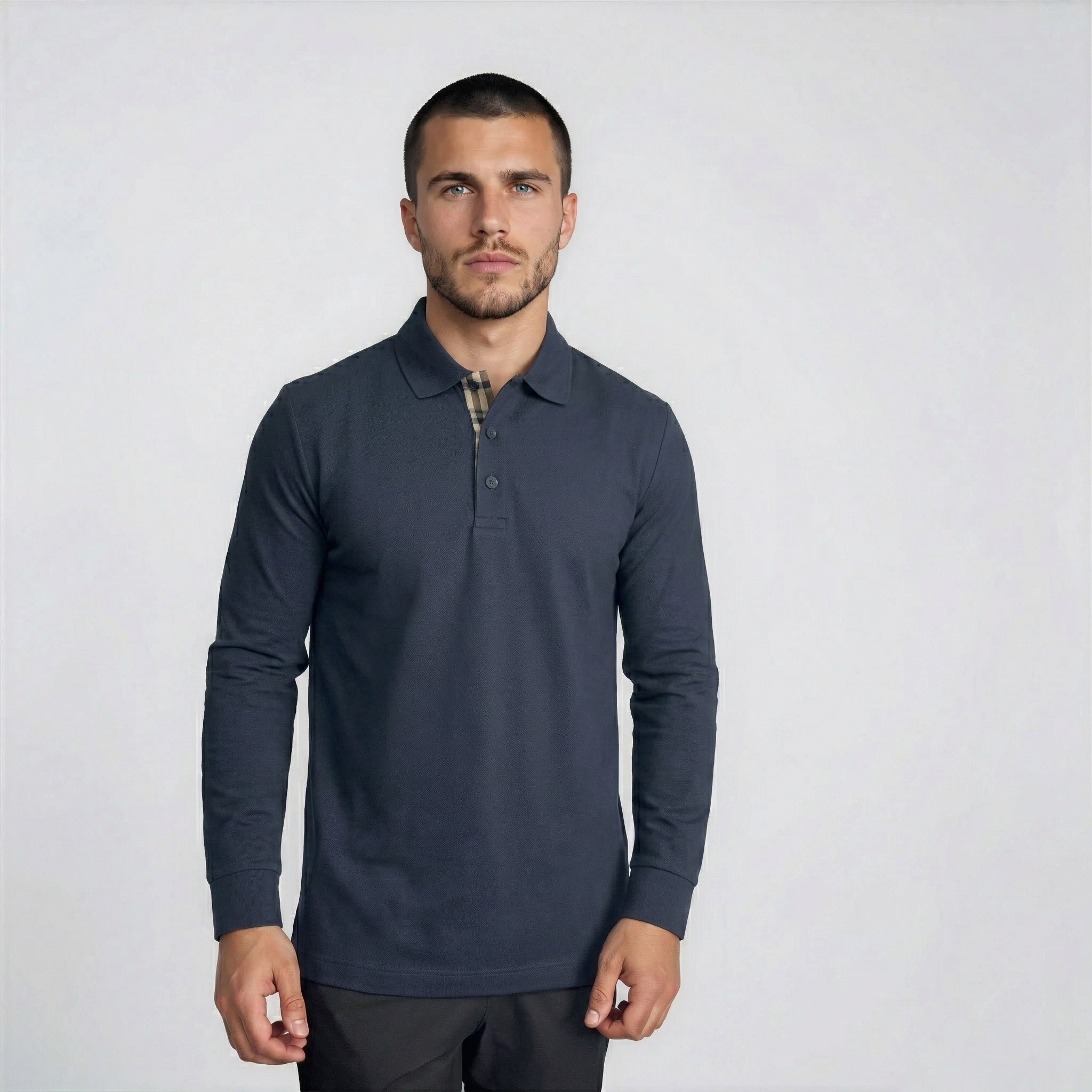 Burberry 'Hartford' Long Sleeved Check Placket Polo-Shirt Navy
