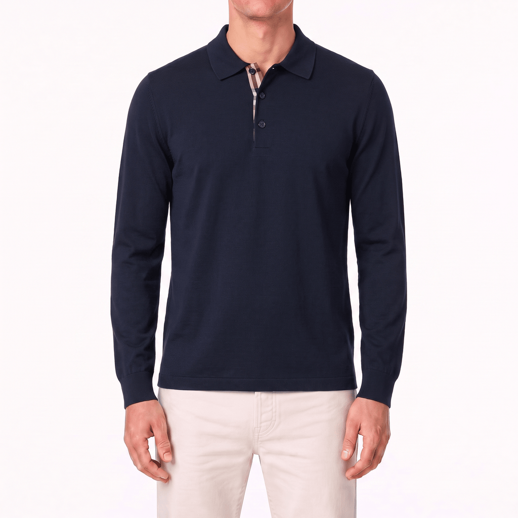 Burberry 'Hartford' Long Sleeved Check Placket Polo-Shirt Navy