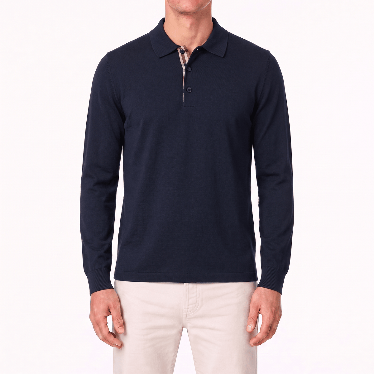 Burberry 'Hartford' Long Sleeved Check Placket Polo-Shirt Navy
