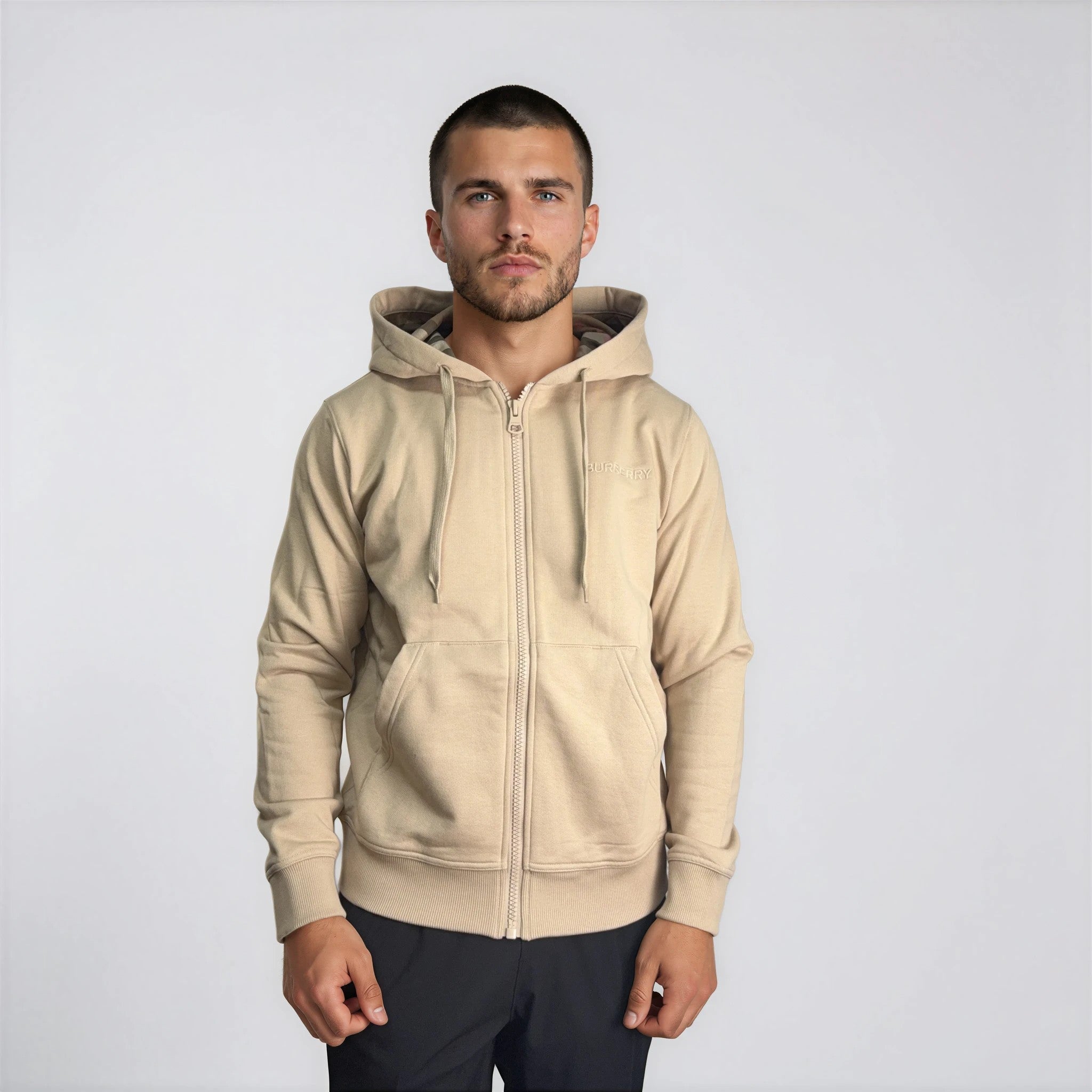 Burberry 'Hove' check Hood Embroidery Logo Hoodie Zip Sweatshirt Beige