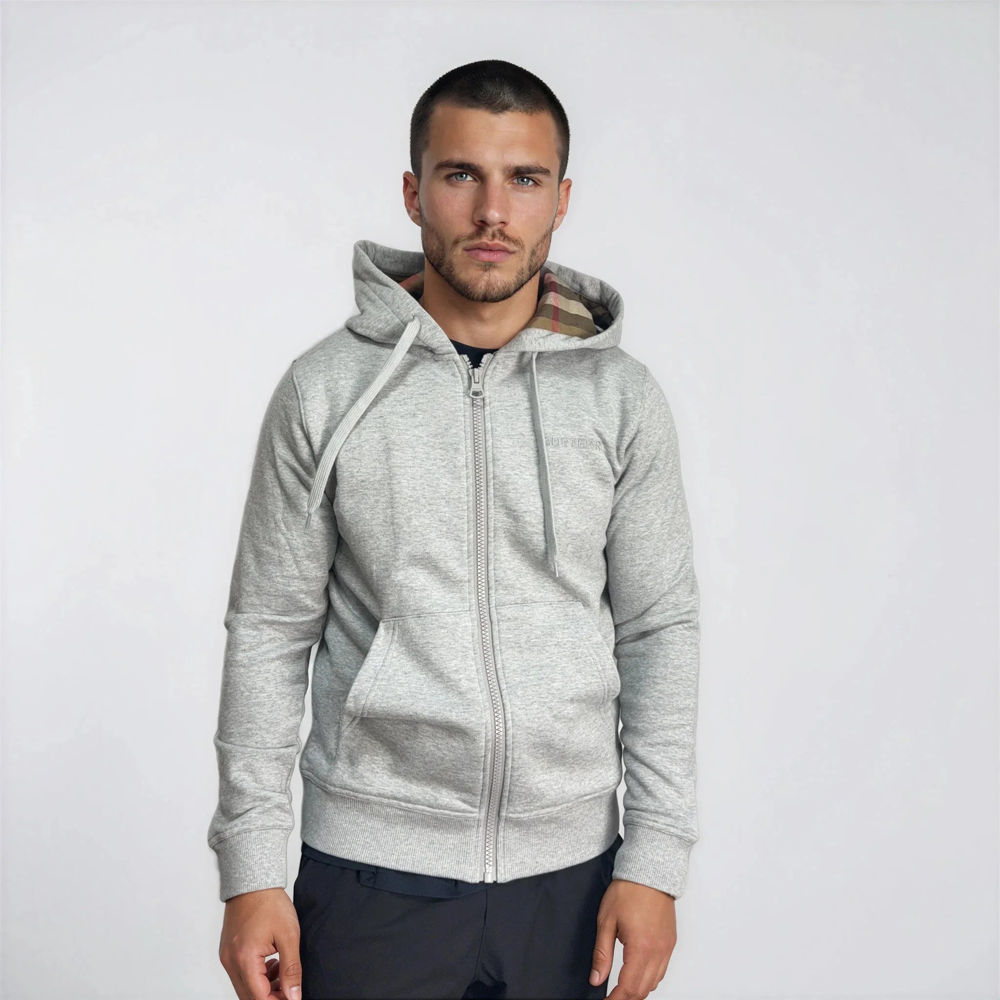 Burberry 'Hove' check Hood Embroidery Logo Hoodie Zip Sweatshirt Grey