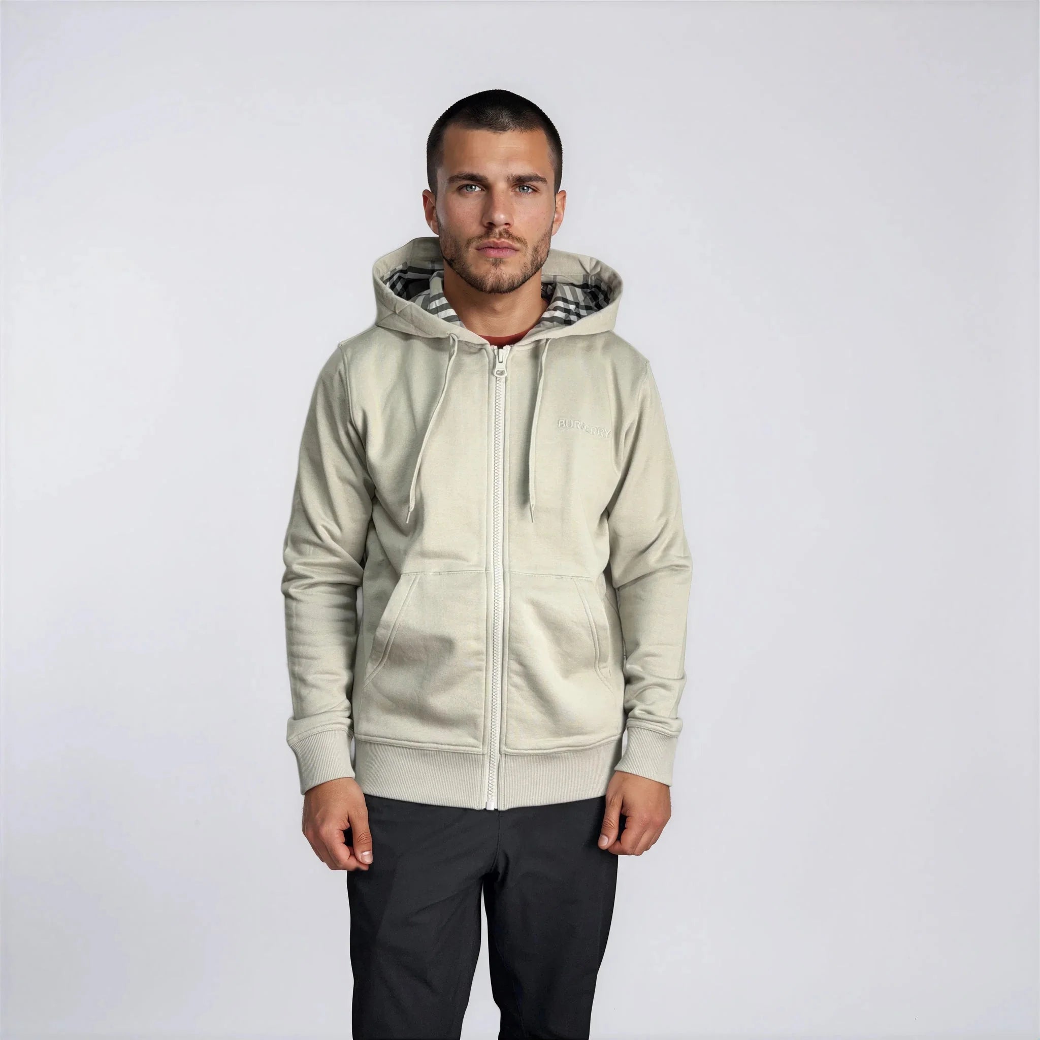 Burberry 'Hove' check Hood Embroidery Logo Hoodie Zip Sweatshirt Lichen