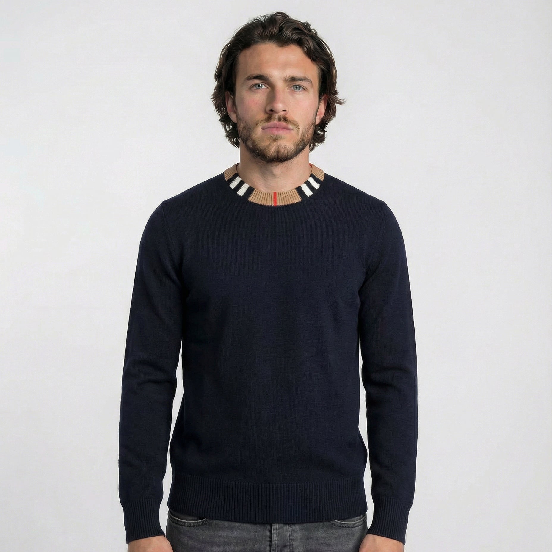 Burberry 'Noland' Knitted Wool/ Cashmere Jumper Check Neck Navy