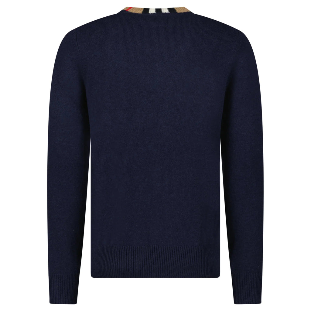 Burberry 'Noland' Knitted Wool/ Cashmere Jumper Check Neck Navy