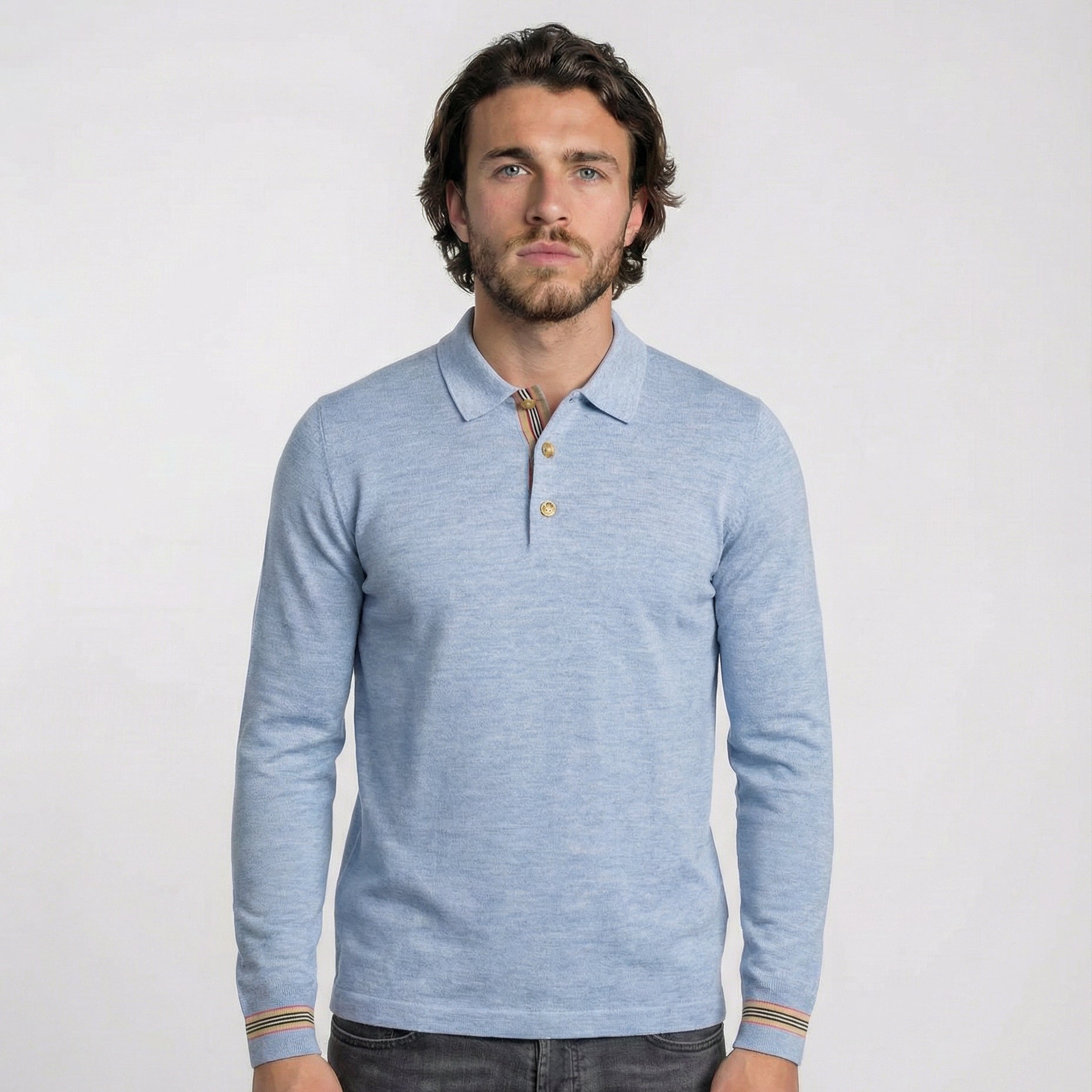 Burberry 'Pace' Signature Stripe Wool Polo Mid Blue