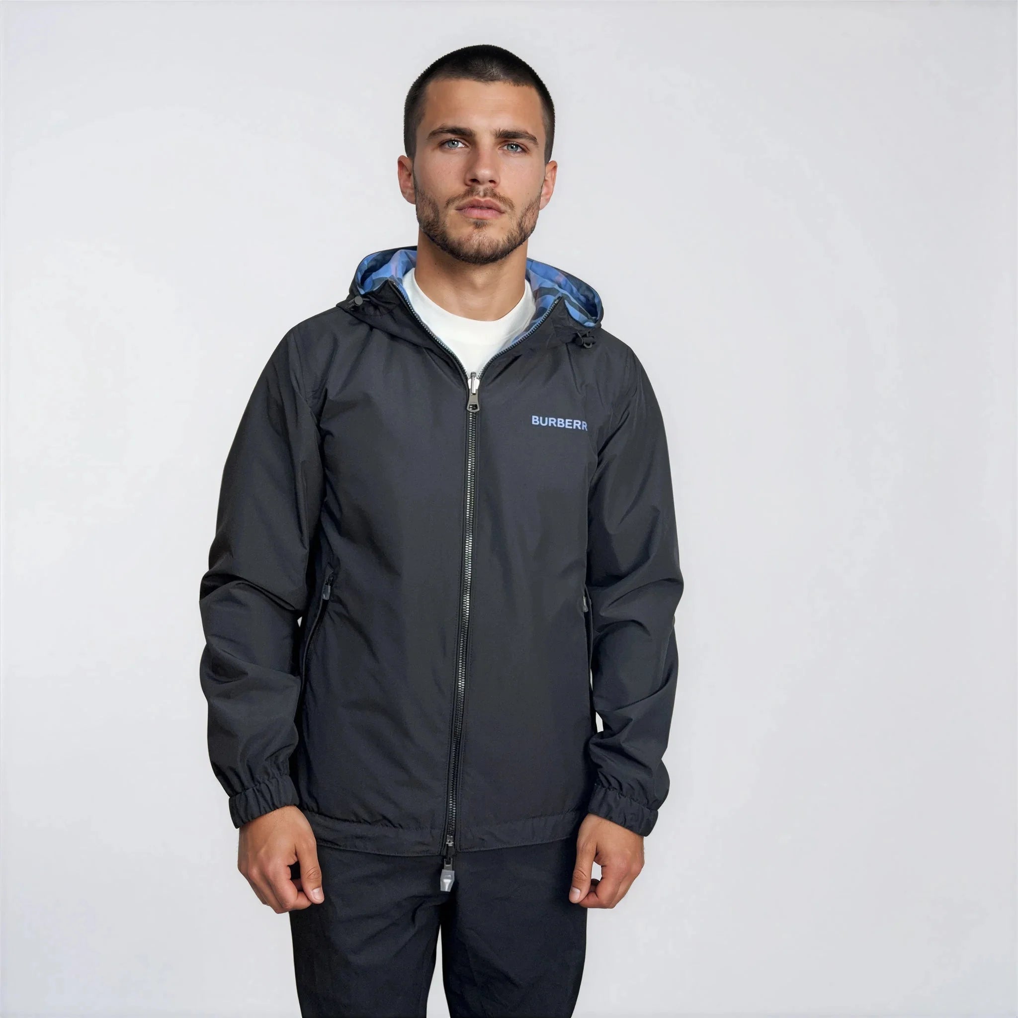 Burberry 'Stanford' Zip-Up Check Reversible Hooded Jacket Black & Blue Check