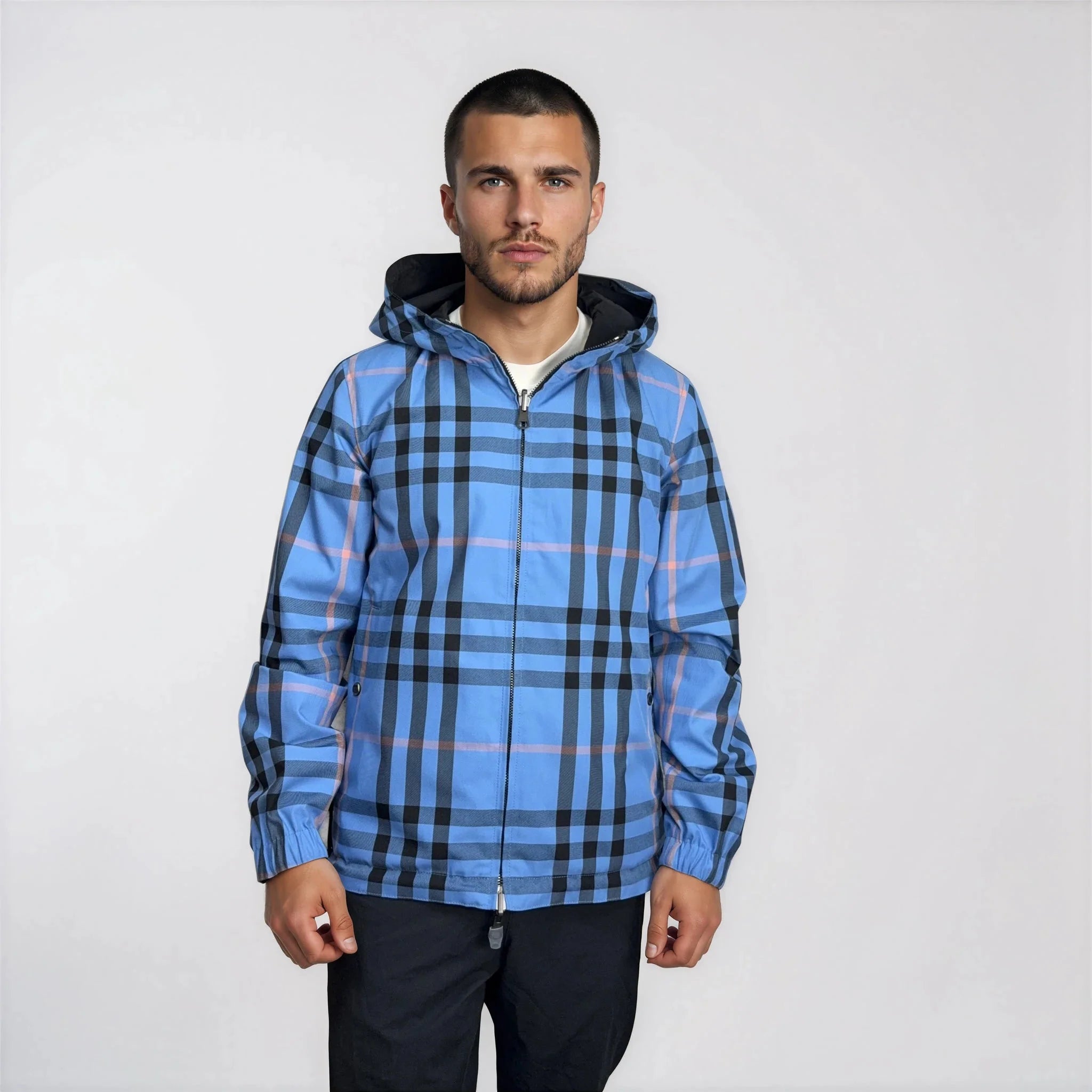 Burberry 'Stanford' Zip-Up Check Reversible Hooded Jacket Black & Blue Check