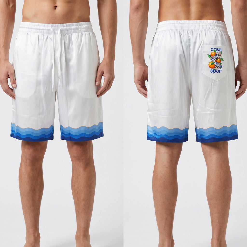 Casablanca Atlantis Oranges Drawstring Silk Shorts in White