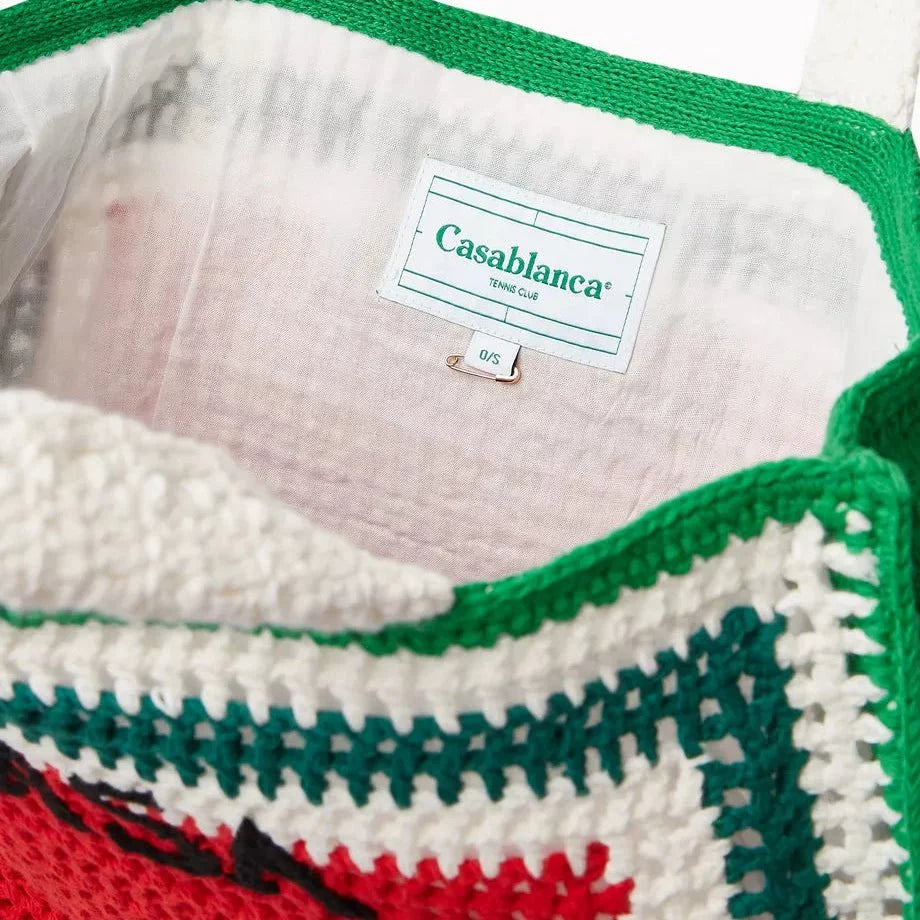Casablanca Cotton Crochet Knit Tote Bag in Red and Green