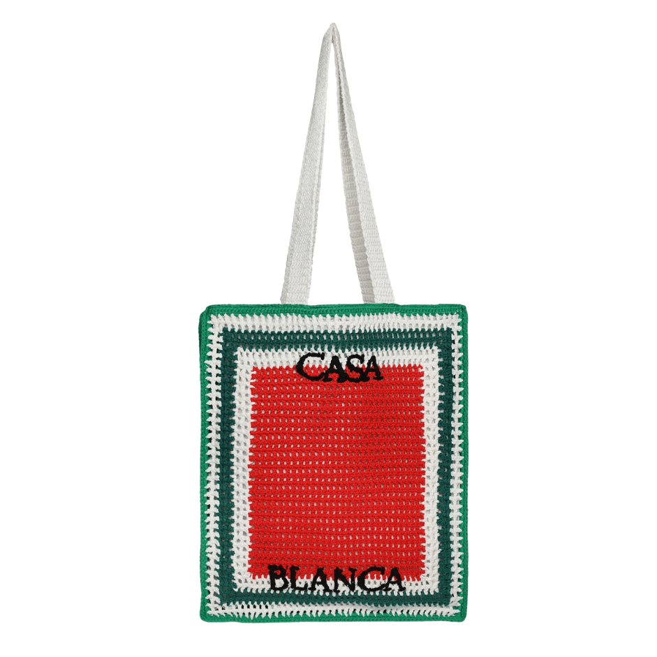 Casablanca Cotton Crochet Knit Tote Bag in Red and Green