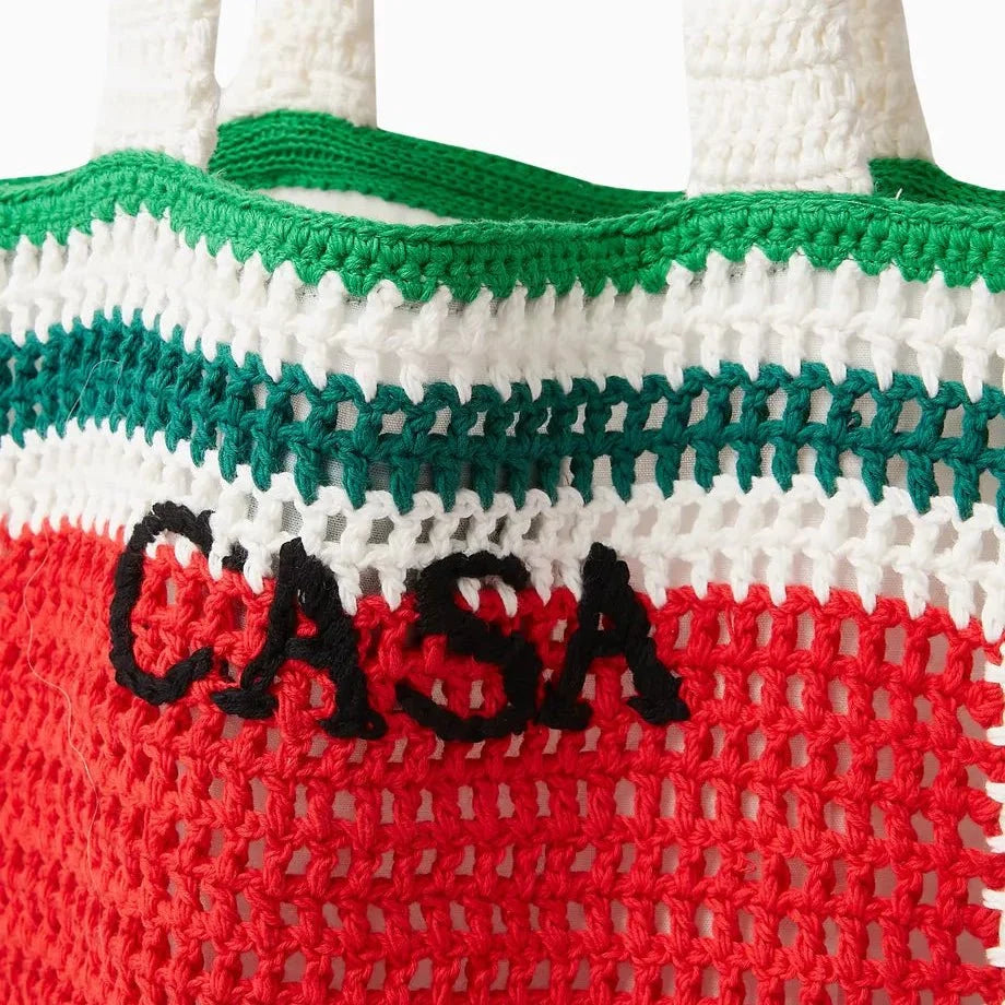 Casablanca Cotton Crochet Knit Tote Bag in Red and Green