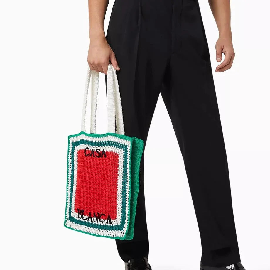Casablanca Cotton Crochet Knit Tote Bag in Red and Green
