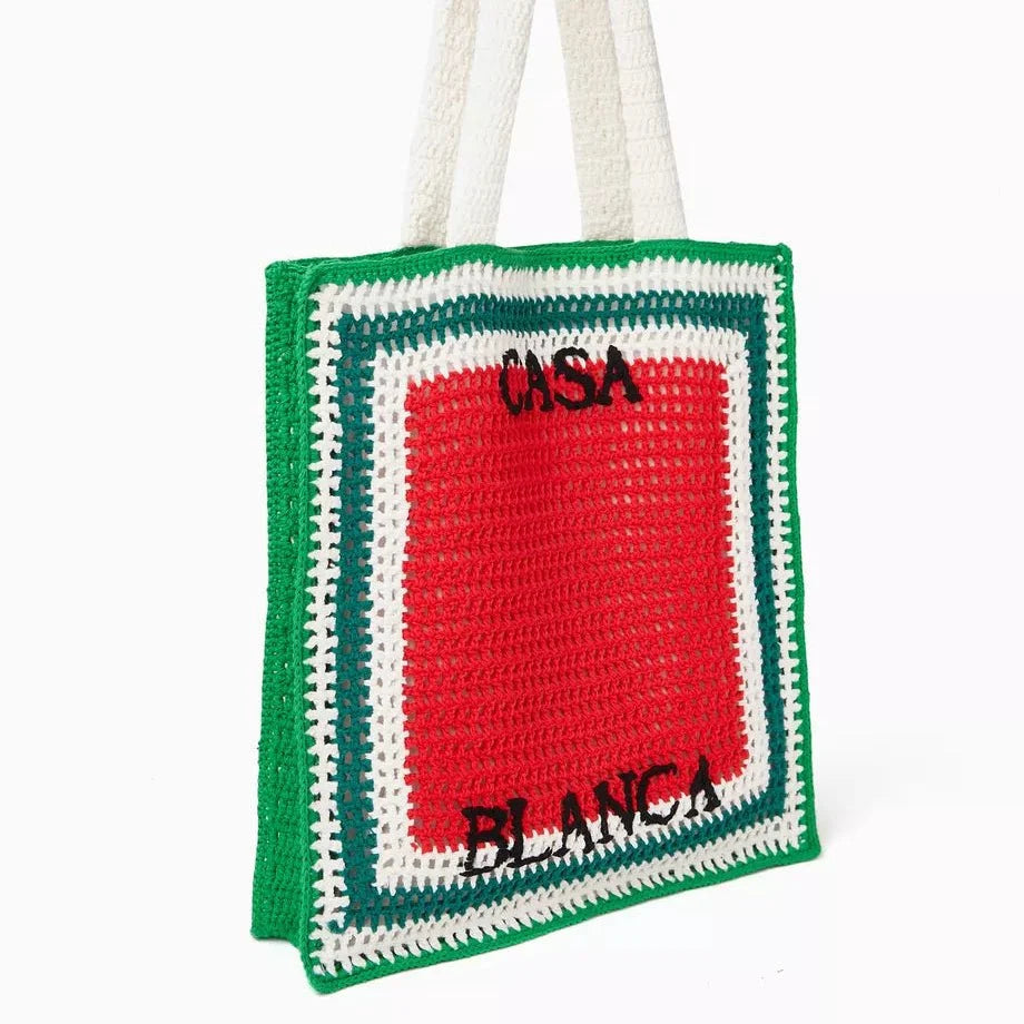 Casablanca Cotton Crochet Knit Tote Bag in Red and Green