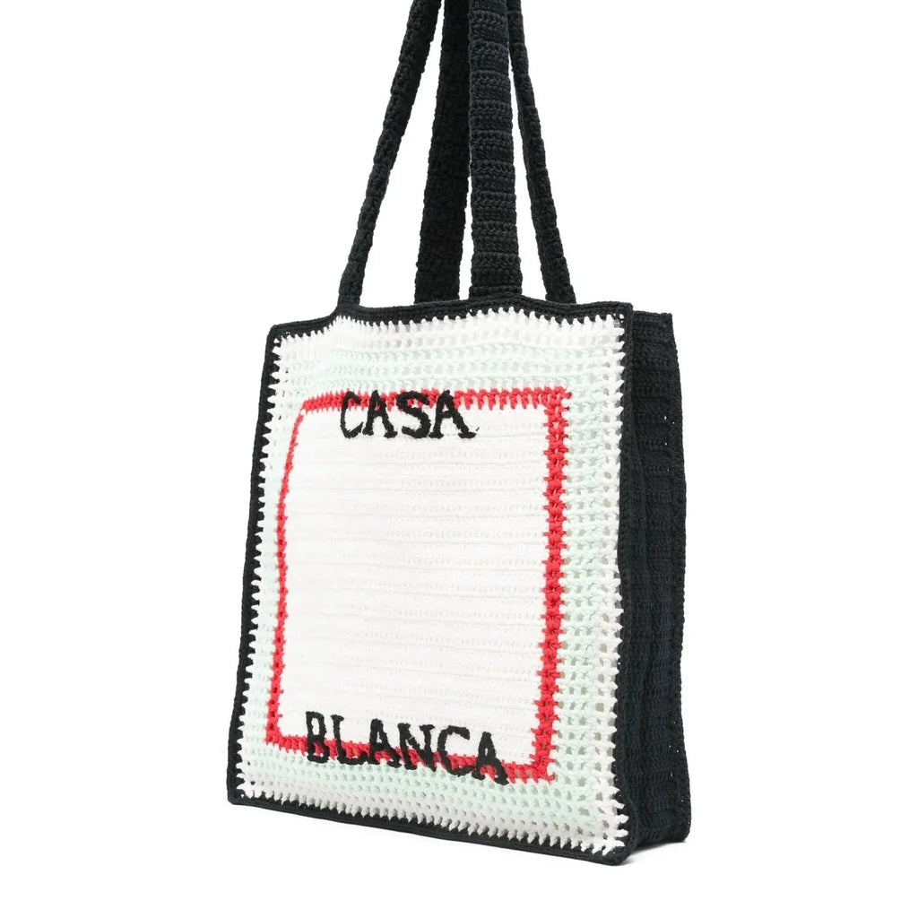 Casablanca Cotton Crochet Knit Tote Bag in White and Navy