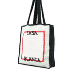 Casablanca Cotton Crochet Knit Tote Bag in White and Navy