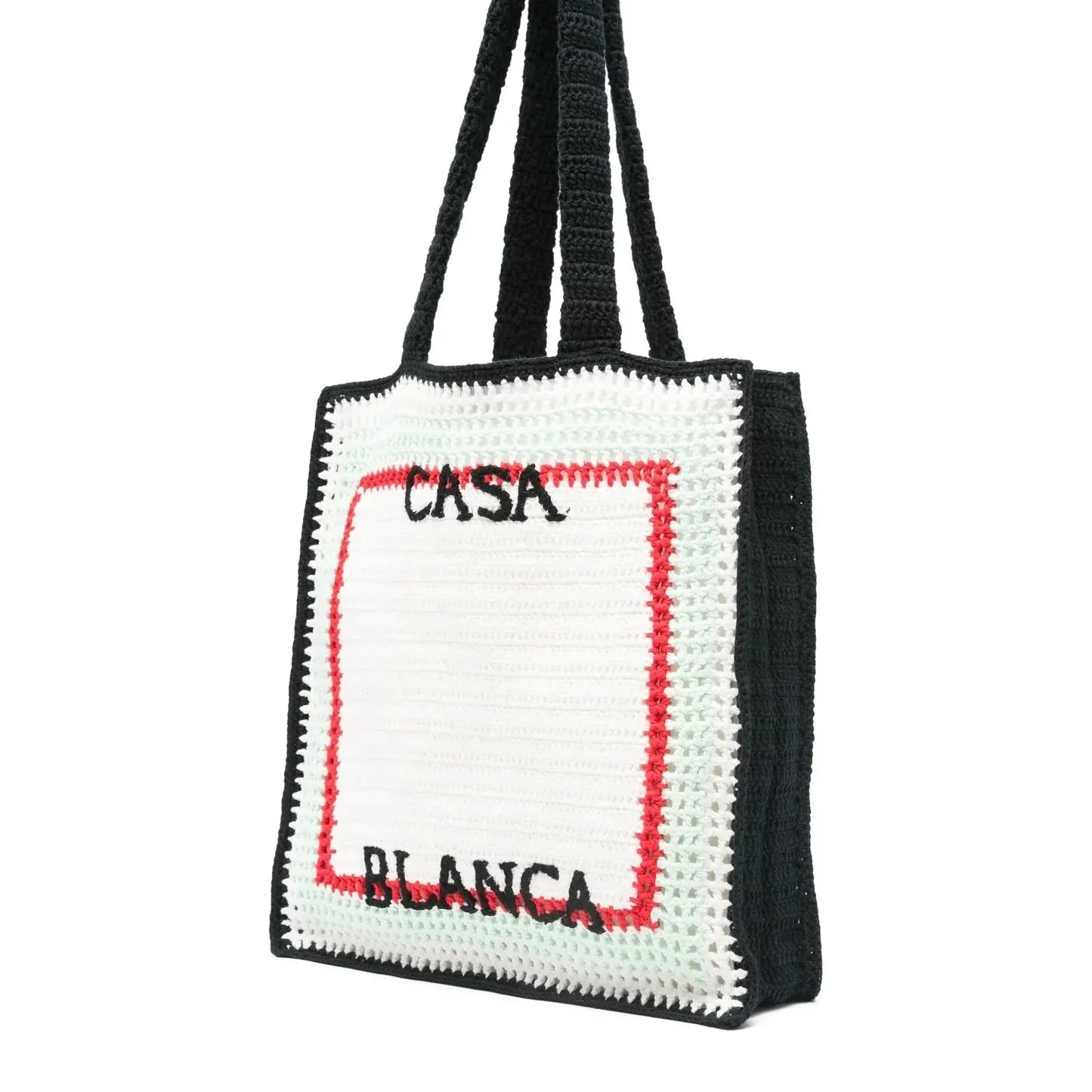 Casablanca Cotton Crochet Knit Tote Bag in White and Navy