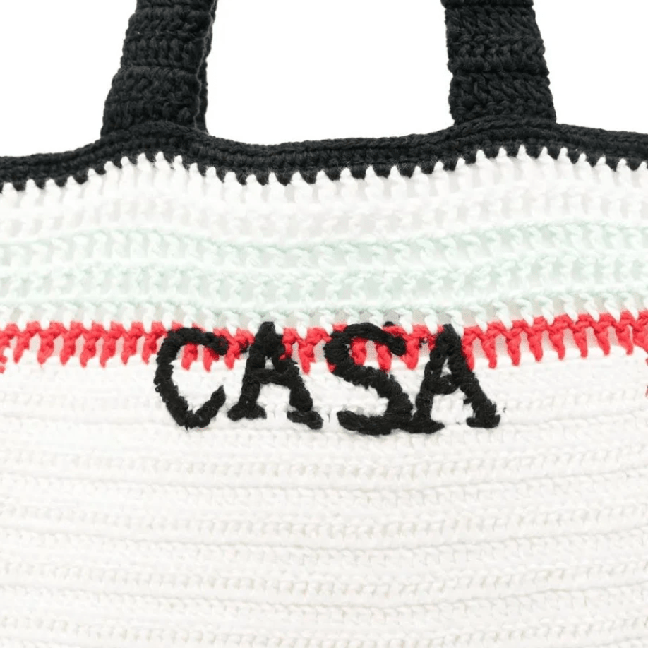 Casablanca Cotton Crochet Knit Tote Bag in White and Navy