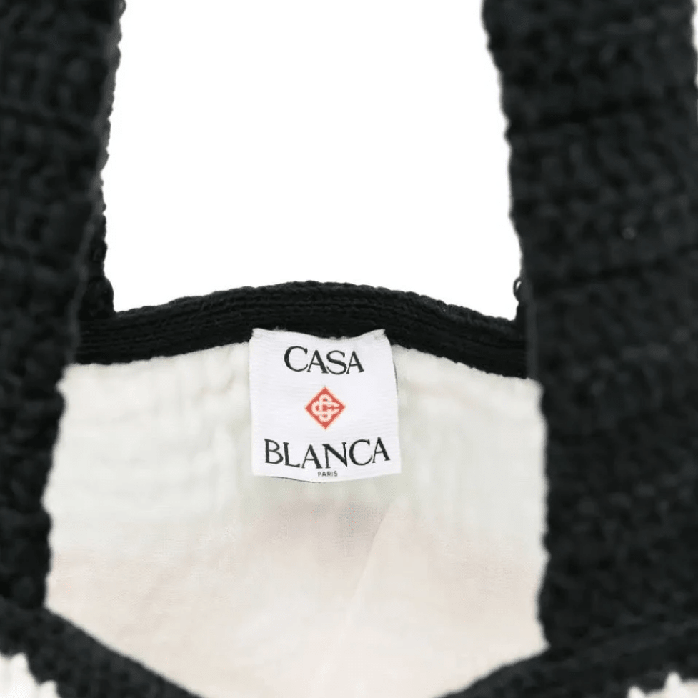 Casablanca Cotton Crochet Knit Tote Bag in White and Navy