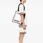 Casablanca Cotton Crochet Knit Tote Bag in White and Navy