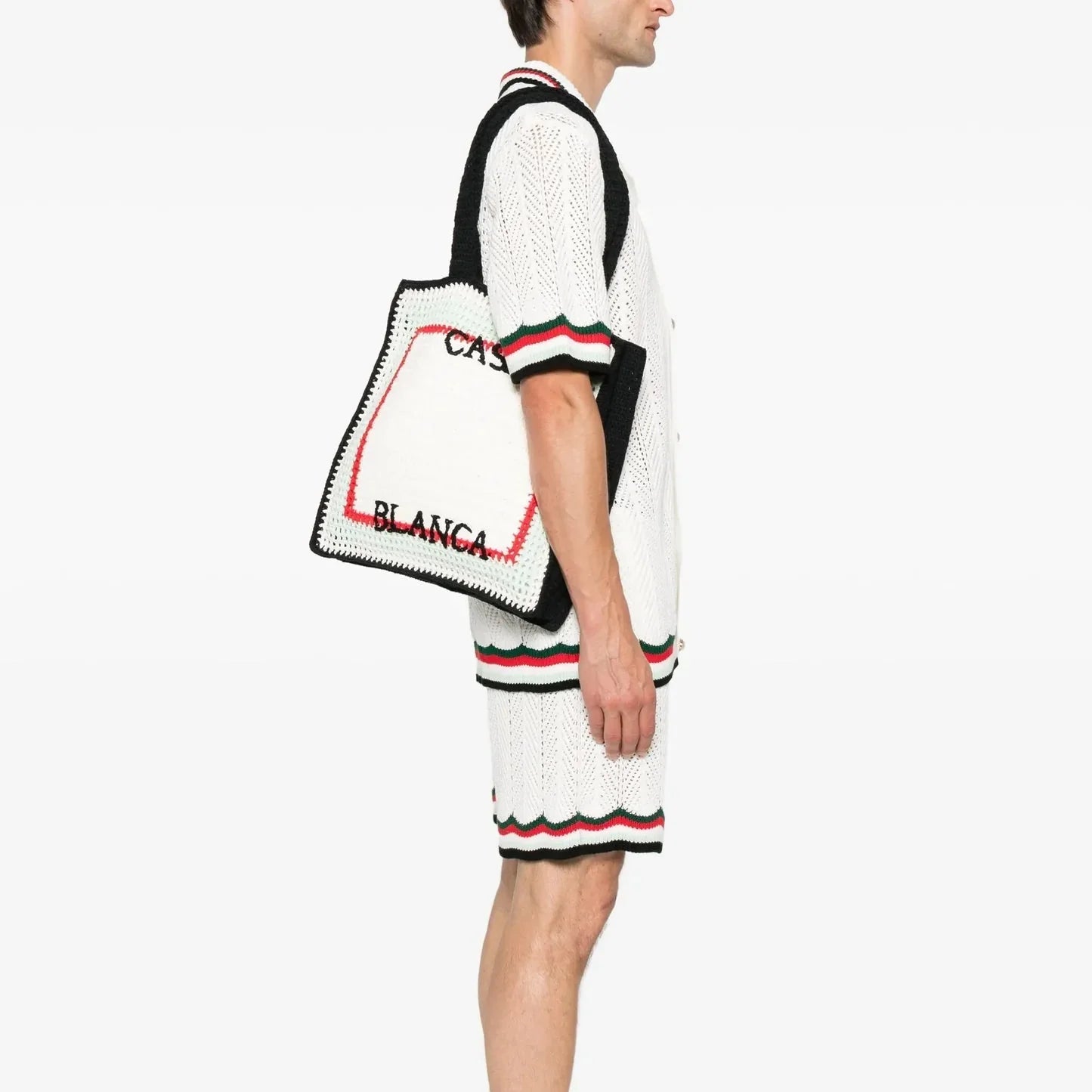 Casablanca Cotton Crochet Knit Tote Bag in White and Navy