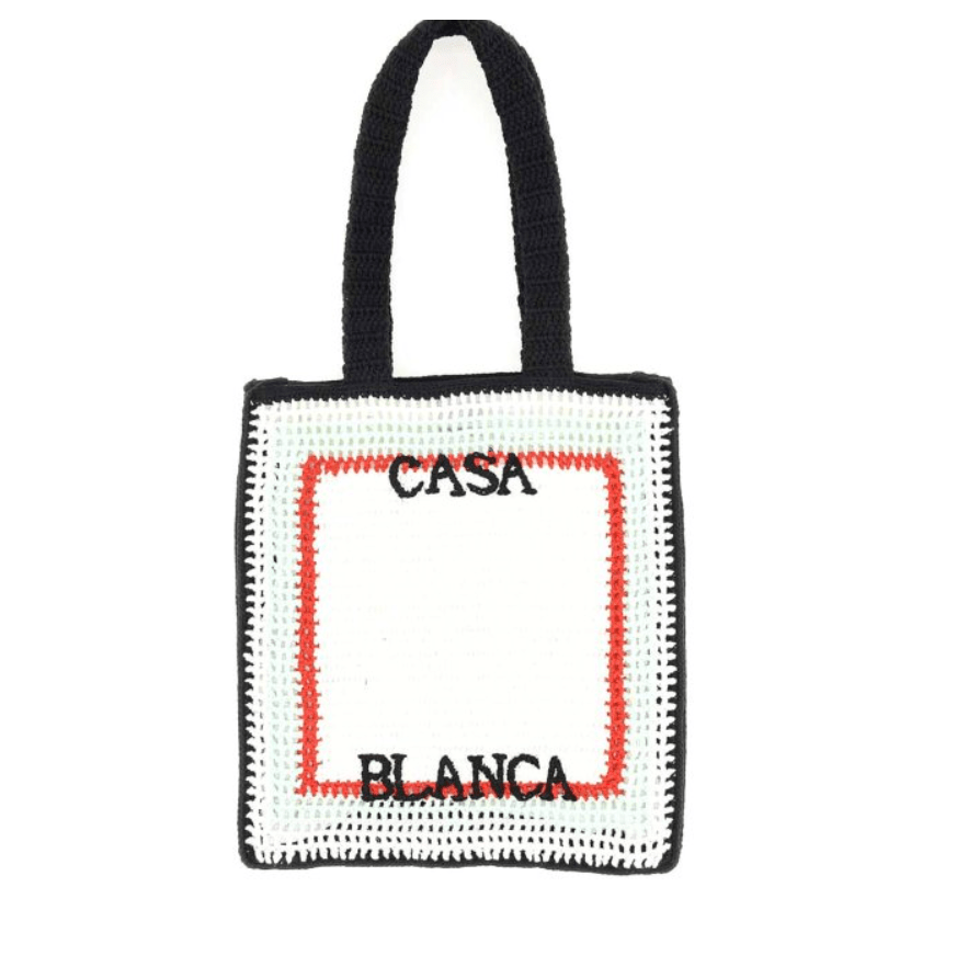 Casablanca Cotton Crochet Knit Tote Bag in White and Navy