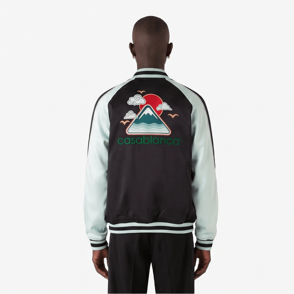 Casablanca Embroidered Satin Bomber Jacket in Mint and Black