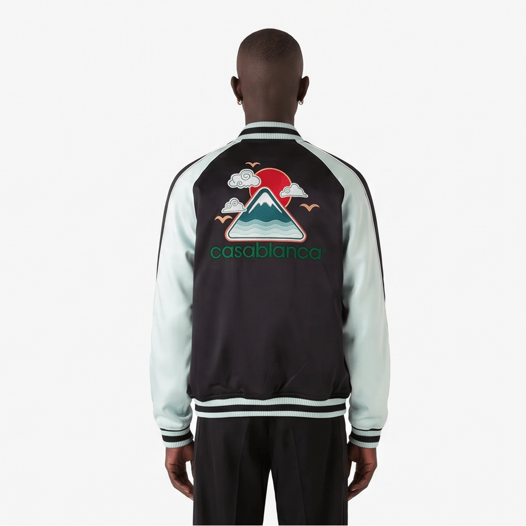 Casablanca Embroidered Satin Bomber Jacket in Mint and Black