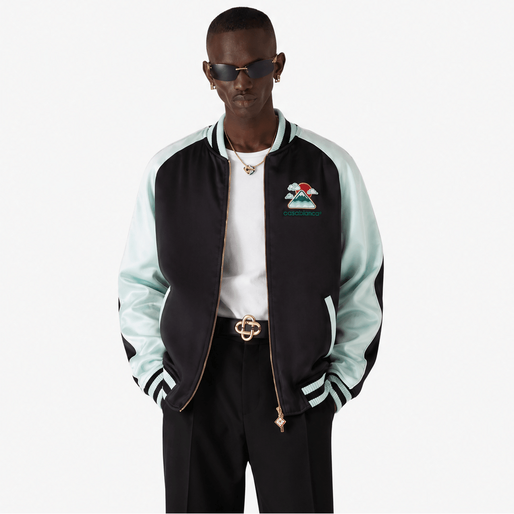 Casablanca Embroidered Satin Bomber Jacket in Mint and Black