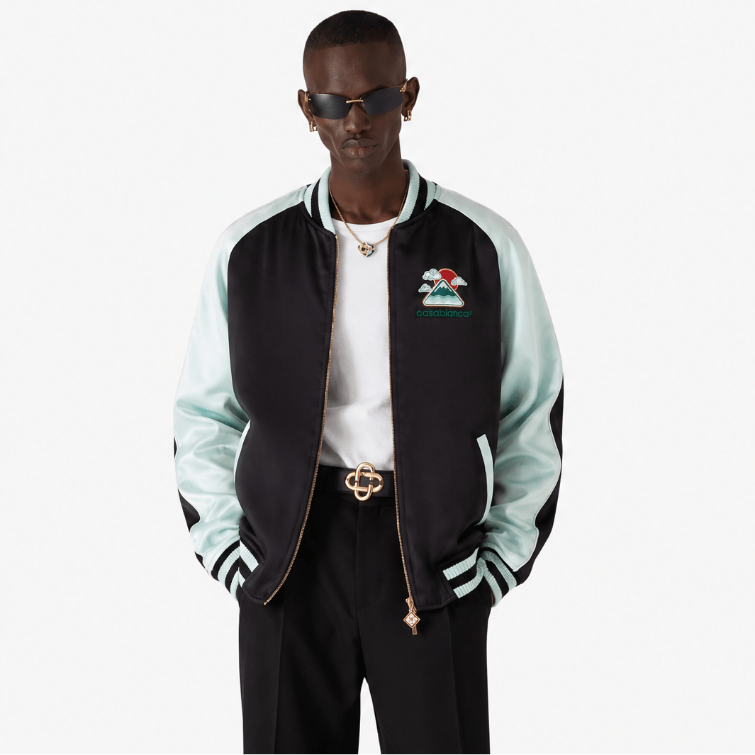Casablanca Embroidered Satin Bomber Jacket in Mint and Black