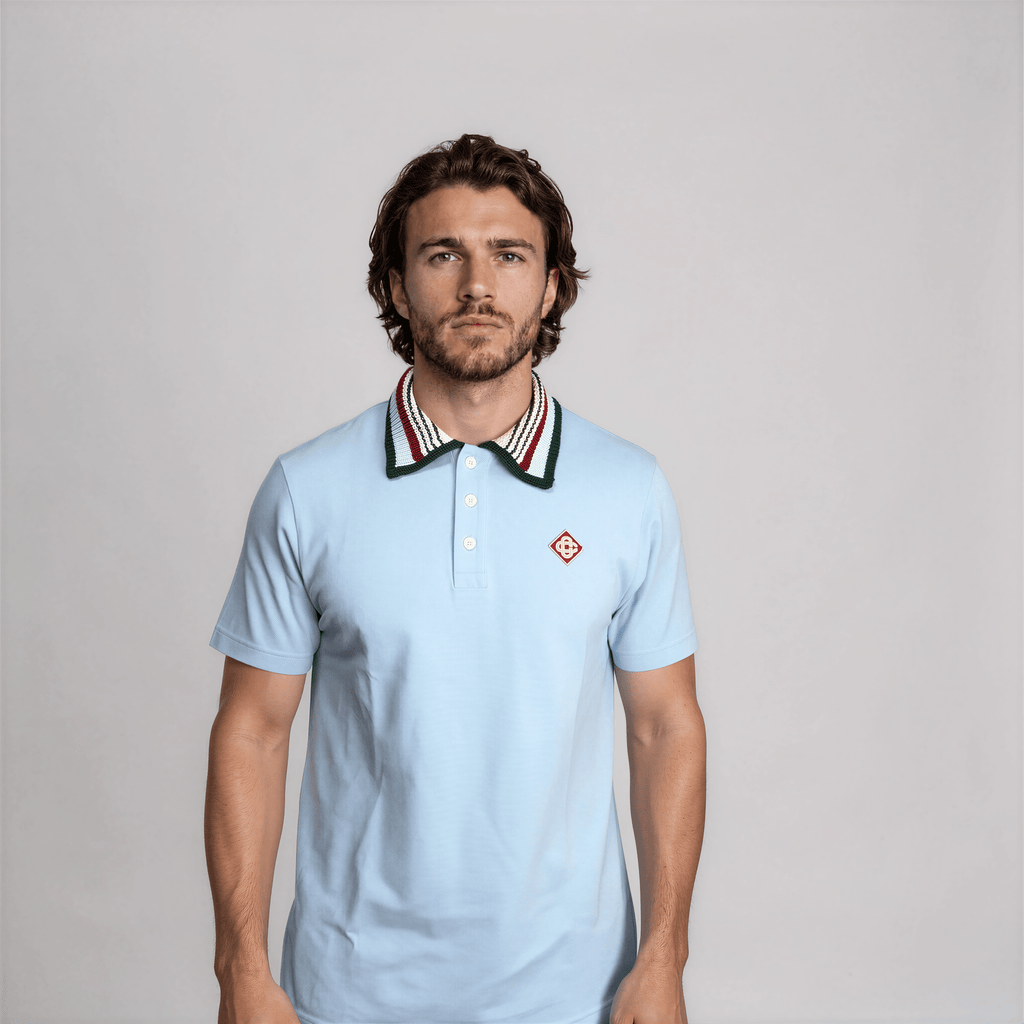 Casablanca Mint Stripe Knit Collar Classic Polo in Pale Blue
