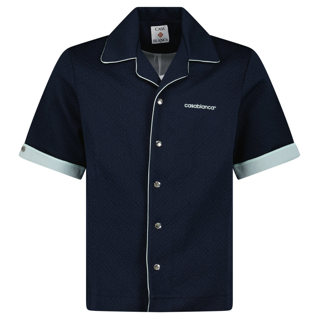 Casablanca Monogram Jacquard Knit Short Sleeve Shirt in Navy Blue
